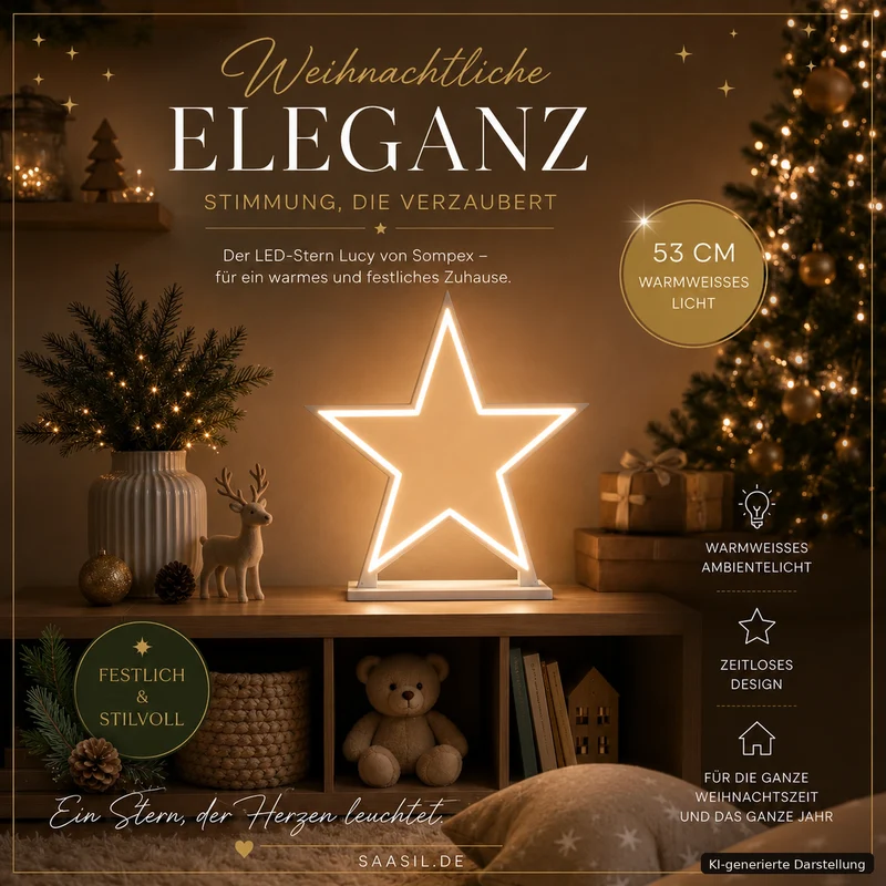 LED Stern Tischlampe "Lucy" 53 cm – Holz Weiß – Weihnachtsstern Lampe von Sompex