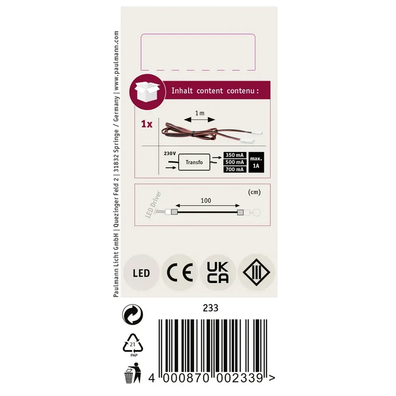 Kabelverlängerung für Konstantstrom-Steckverbindung 100cm JFT- Stecker - Paulmann 233