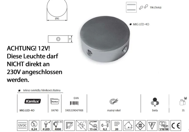 Mini LED Wandleuchte rund 4-fach – ultraflach Ø 45 mm, 4000K 12V – Kanlux MIG LED-40