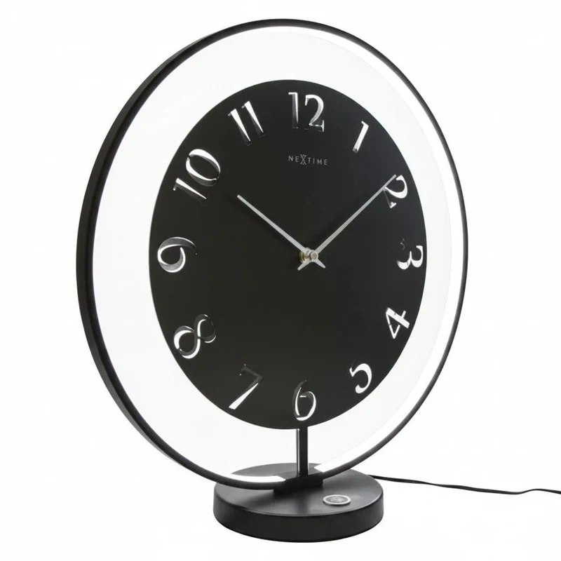 NeXtime Ting LED-Tischleuchte mit beleuchteter Tischuhr – Schwarz, Ø 40 cm, dimmbar