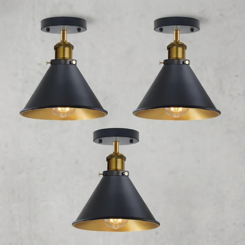 Industrie Deckenleuchte Schwarz Gold E27 | Retro Bartheke Lampe (1-3 Set)~4088