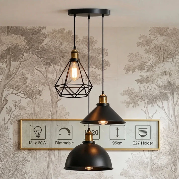 3 flammige Bistro Clusterleuchte – Vintage Industrie Hängelampe | E27 ~4170
