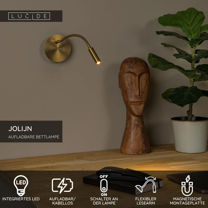LED-Bettleuchte Jolijn mit flexiblem Arm, Akku und Magnethalterung