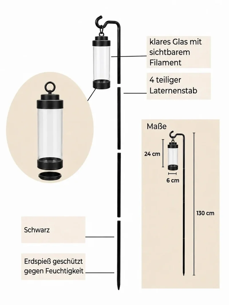 12x Grablicht "Elle" – Schwarz & Klarglas – mit Stab