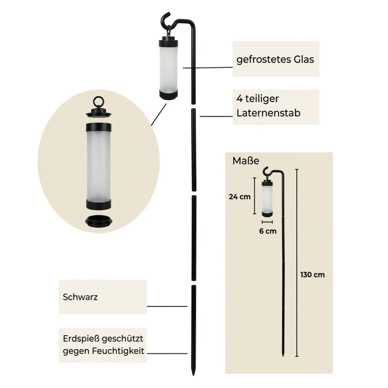 12x Grablicht "Elle" – Schwarz & sandgestrahltes Glas – mit Stab