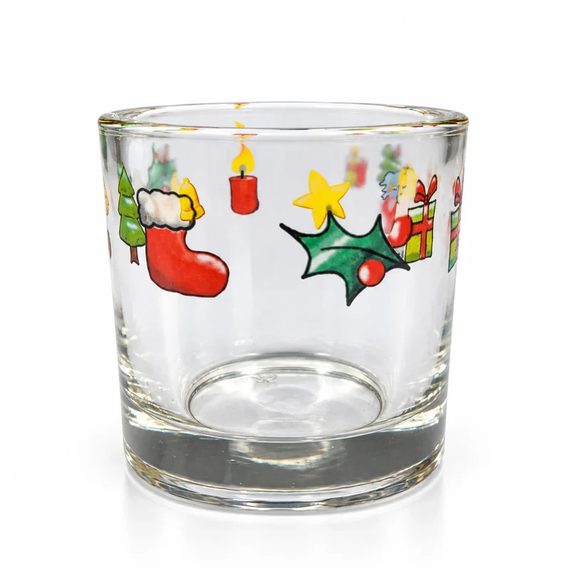 Weihnachts-Teelichthalter aus klarem Glas mit bunten Motiven Ø 6cm