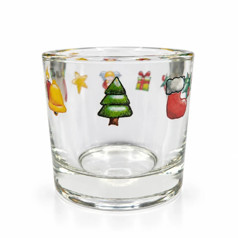 Weihnachts-Teelichthalter aus klarem Glas mit bunten Motiven Ø 6cm
