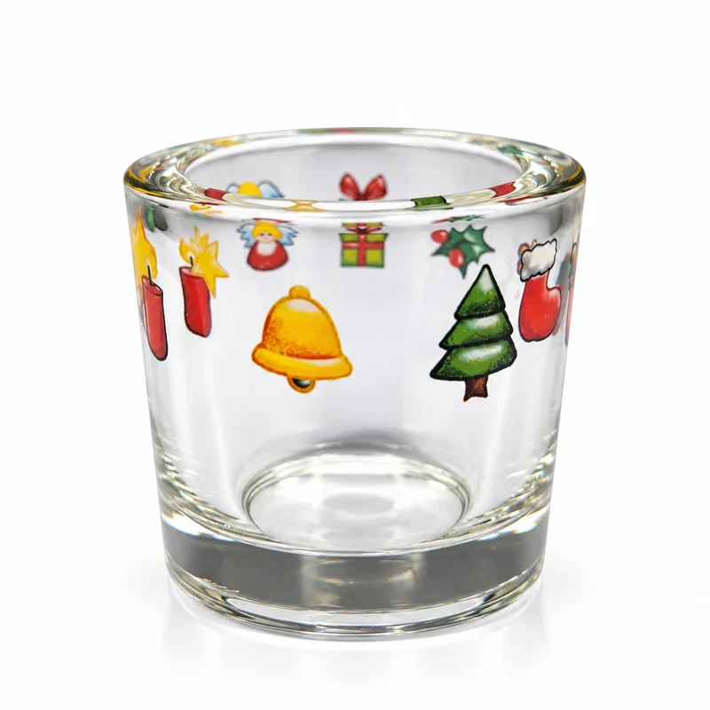 Weihnachts-Teelichthalter aus klarem Glas mit bunten Motiven Ø 6cm