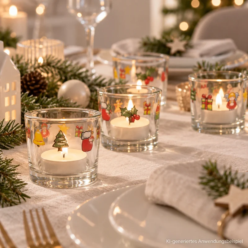 Weihnachts-Teelichthalter aus klarem Glas mit bunten Motiven Ø 6cm