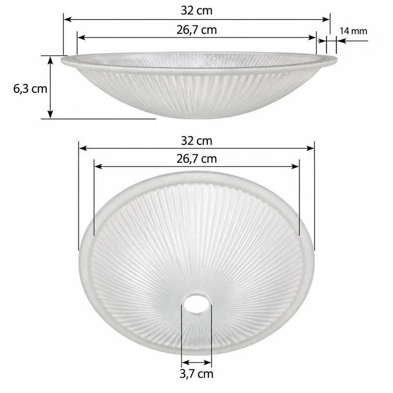 Lampenglas Ø32 cm Halbmatt - Geriffelt mit Rand Und Mittelloch Für Deckenleuchten
