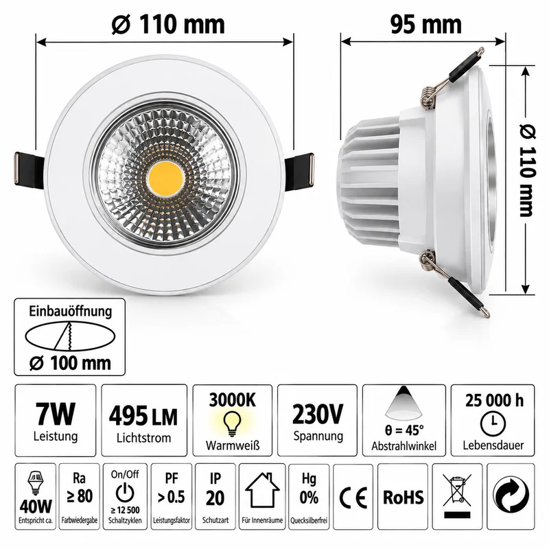 LED Downlight 11cm warmweiß - weißer Rand mit Reflektor 7W COB - Aigostar