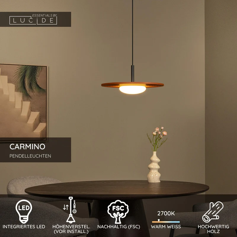 LED-Pendelleuchte Carmino mit Holzschirm höhenverstellbar Warmweiß