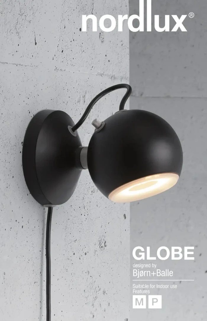 Nordlux Globe Wandleuchte schwarz GU10 – schwenkbar mit Magnethalterung & Steckerkabel
