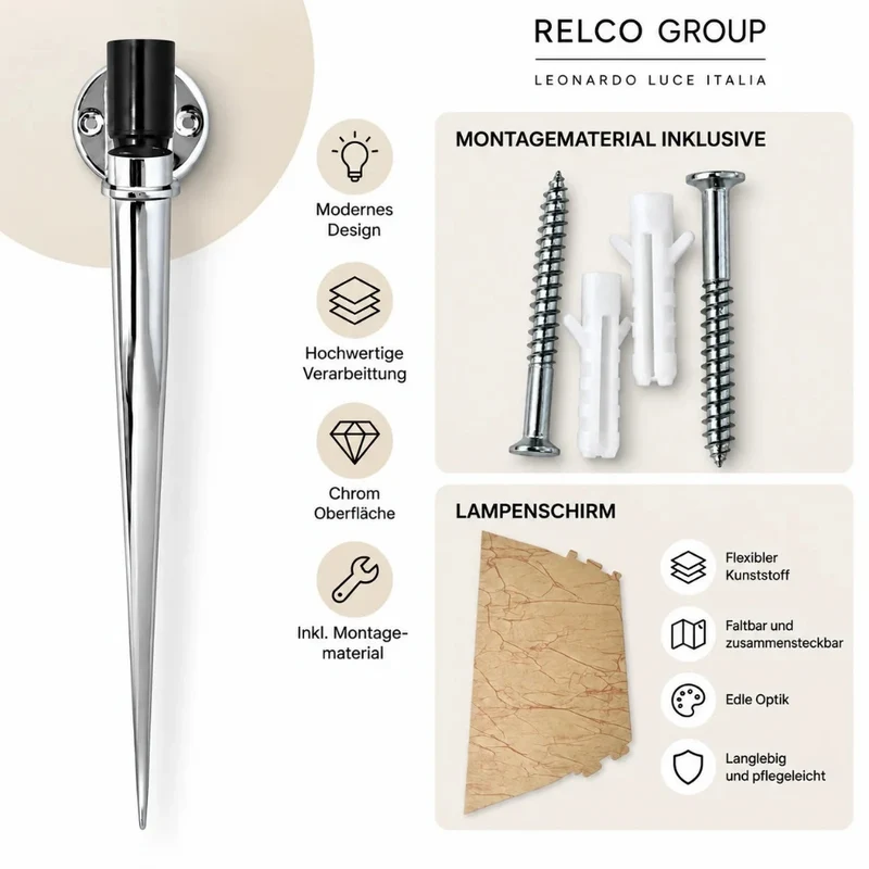 Wandfackel mit Stab Chrom & Lampenschirm hellbraun – E14, 58 cm RELCO DAMA S