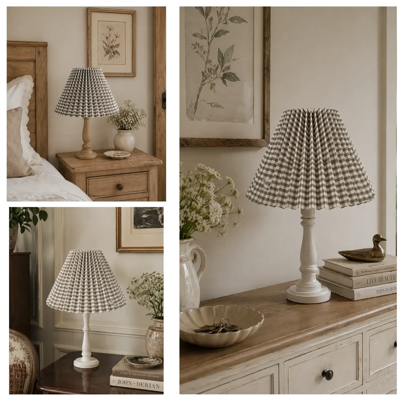 Plissee Lampenschirm Beige/Weiß – E27, Karo, konisch, 25 cm