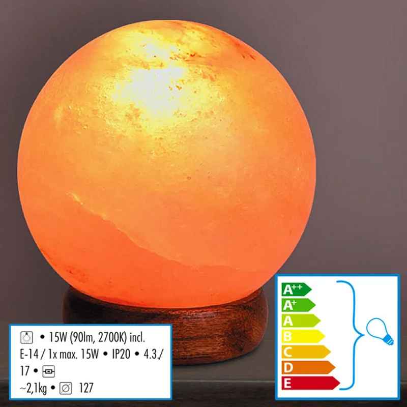 Rabalux Ozone Salzkristall-Tischlampe – Kugel Ø 12,7 cm mit Holzsockel, E14, inkl. Leuchtmittel