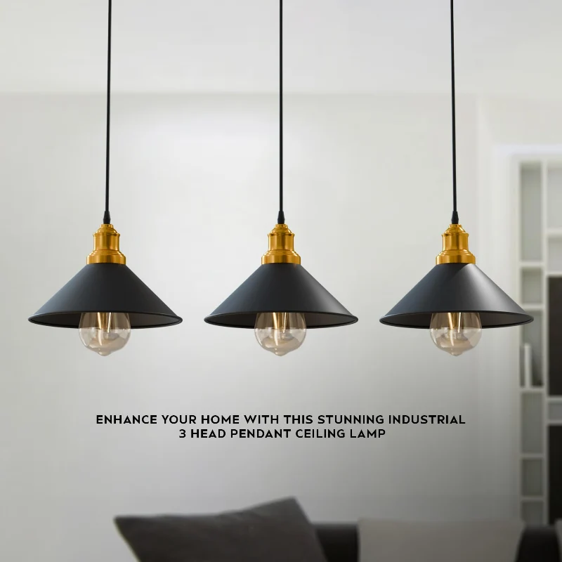3-flammige Vintage Pendelleuchte Schwarz E27 Retro ~3909