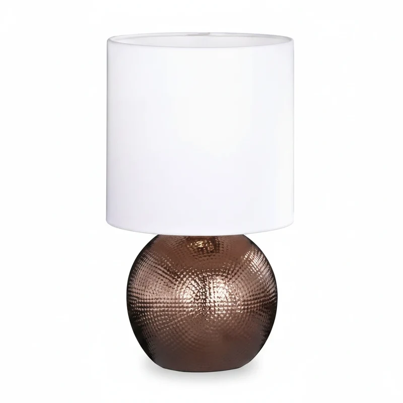 Honsel FORO Keramik-Tischlampe – Kugelfuß Kupfer, weißer Stoffschirm, 28 cm, E14