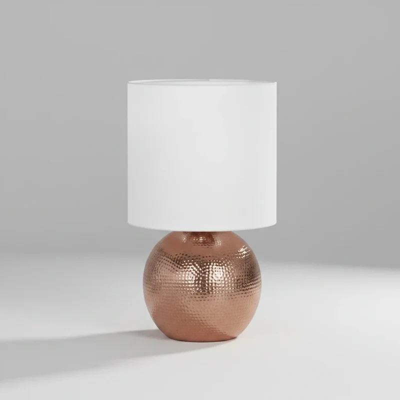 Honsel FORO Keramik-Tischlampe – Kugelfuß Kupfer, weißer Stoffschirm, 28 cm, E14