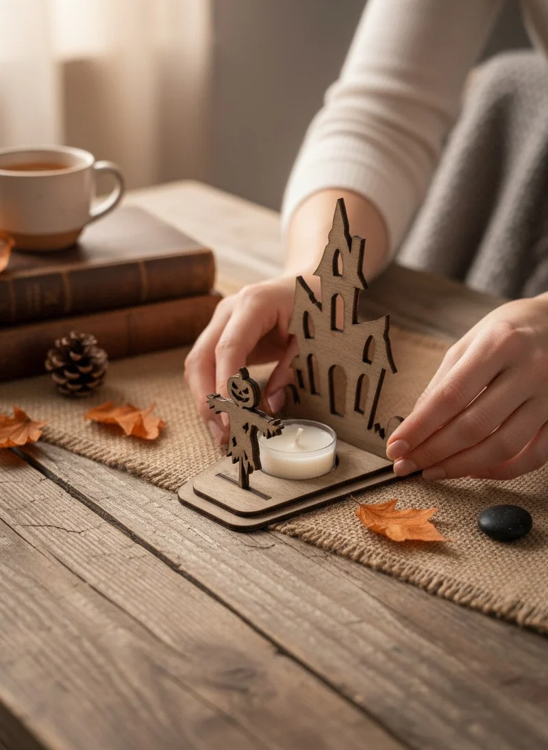 Halloween-Teelichthalter aus Walnussholz, DIY-Bausatz