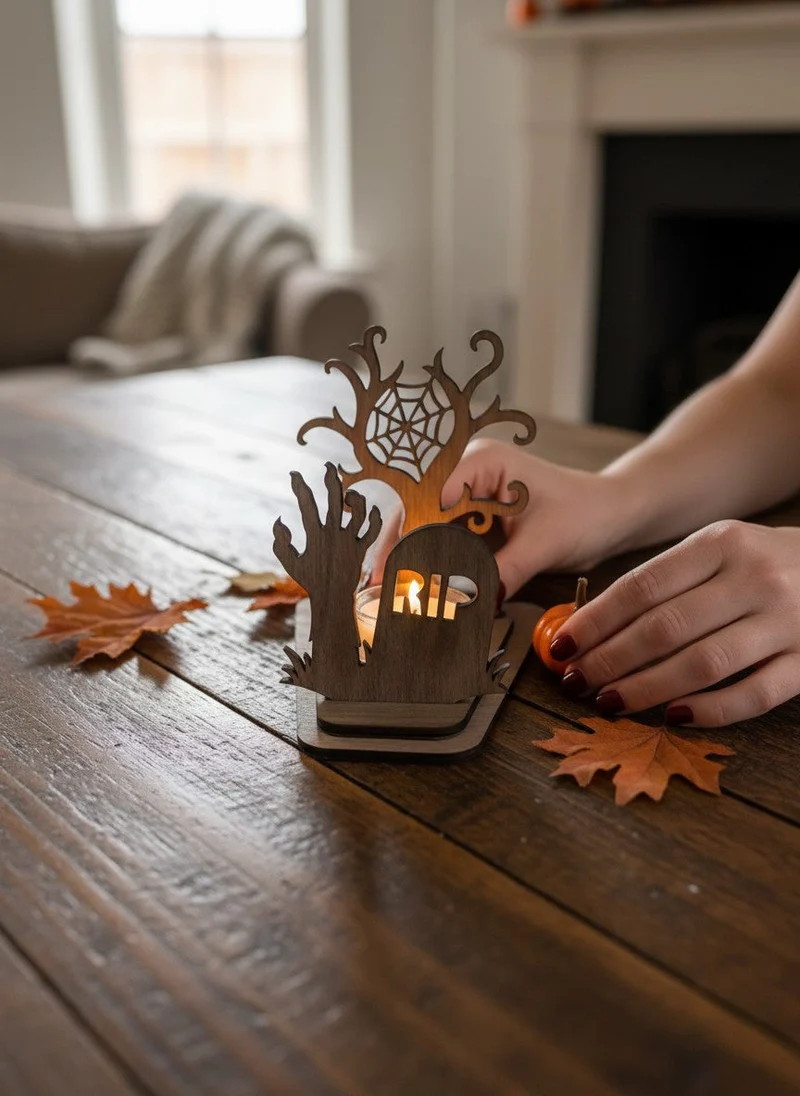 Halloween-Teelichthalter aus Walnussholz, DIY-Bausatz