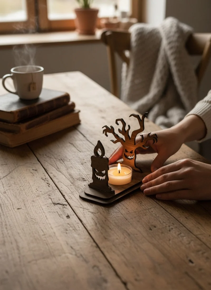 Halloween-Teelichthalter aus Walnussholz, DIY-Bausatz