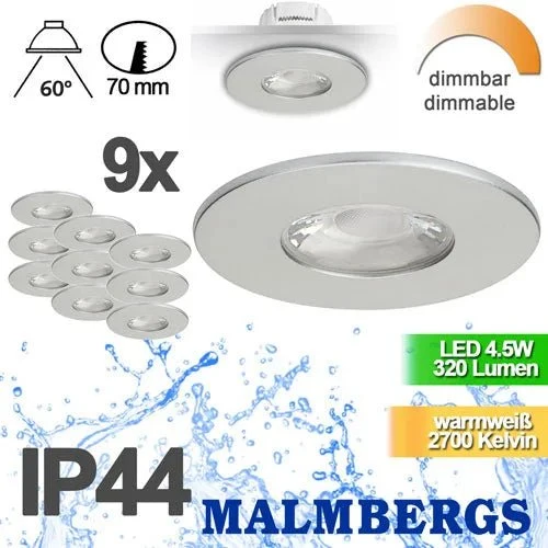 9er Set LED Einbaustrahler MD-881 – dimmbar, IP44, Ø 70 mm, warmweiß 2700 K, silber | Malmbergs