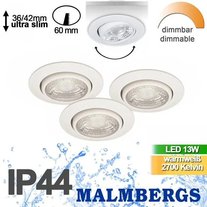 3er Set LED Einbaustrahler Weiß – dimmbar – schwenkbar – IP44 – ultra flach – Malmbergs MD-13