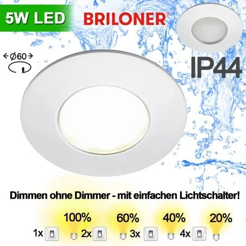 Briloner LED Einbaustrahler 30 mm ultraflach – Aluminium – Click-Dim 4-Stufen – IP44 – 68 mm – Warmweiß 3000 K – 5 W