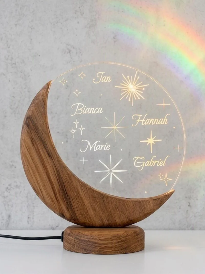 Personalisiertes LED-Nachtlicht „Mond“ aus Eichenholz