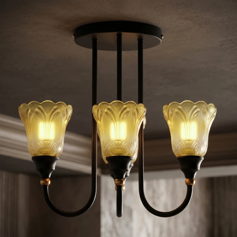 Retro-Pendelleuchte mit 3 Armen Bernsteinfarbenes Glas~3786