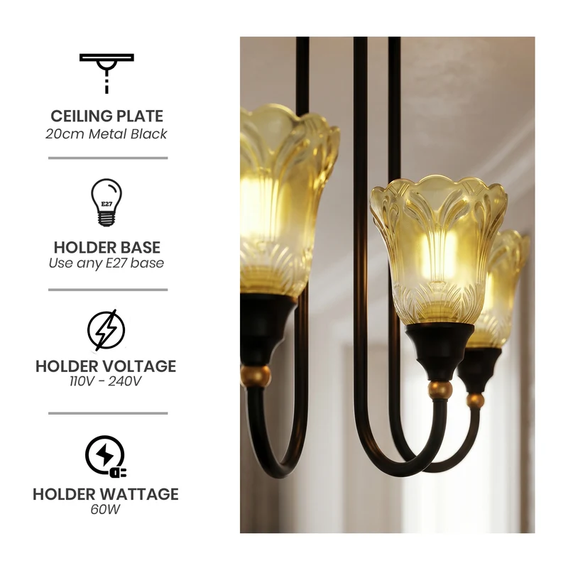 Retro-Pendelleuchte mit 3 Armen Bernsteinfarbenes Glas~3786
