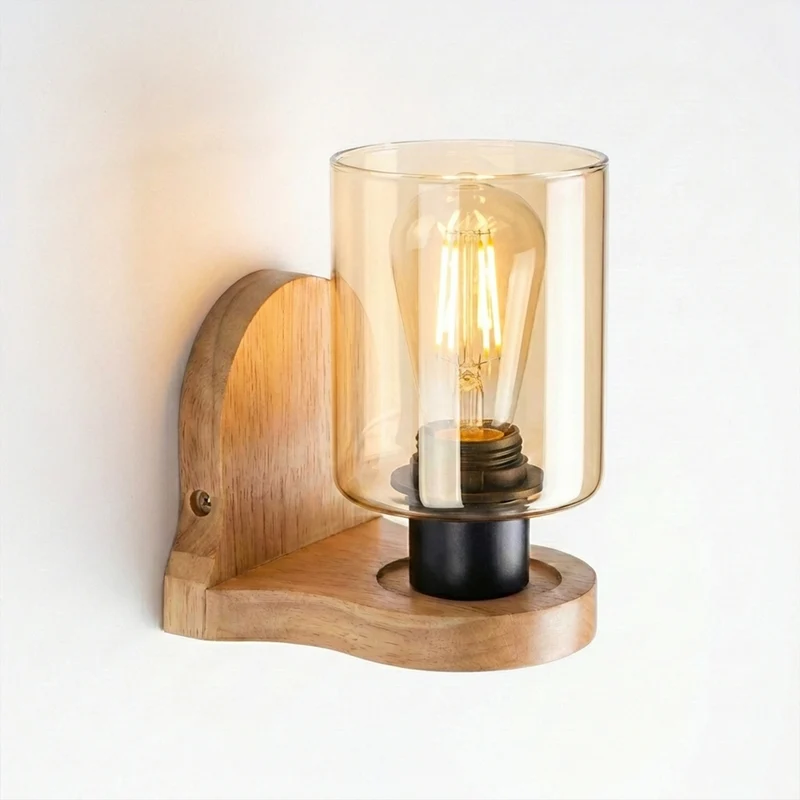 Vintage Wandleuchte Holz E27 | Zylinder Bernsteinglas Schirm Wandlampe~3692