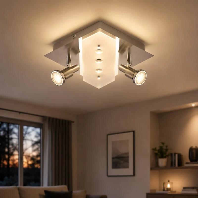 LED Deckenleuchte 25x25 cm Nickel matt mit 2 GU10 Spots & Leuchtpunkten