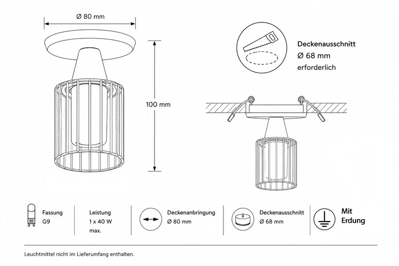 Kleine Halbeinbau-Deckenleuchte Messing mit geriffeltem Glas Ø 8 cm | G9