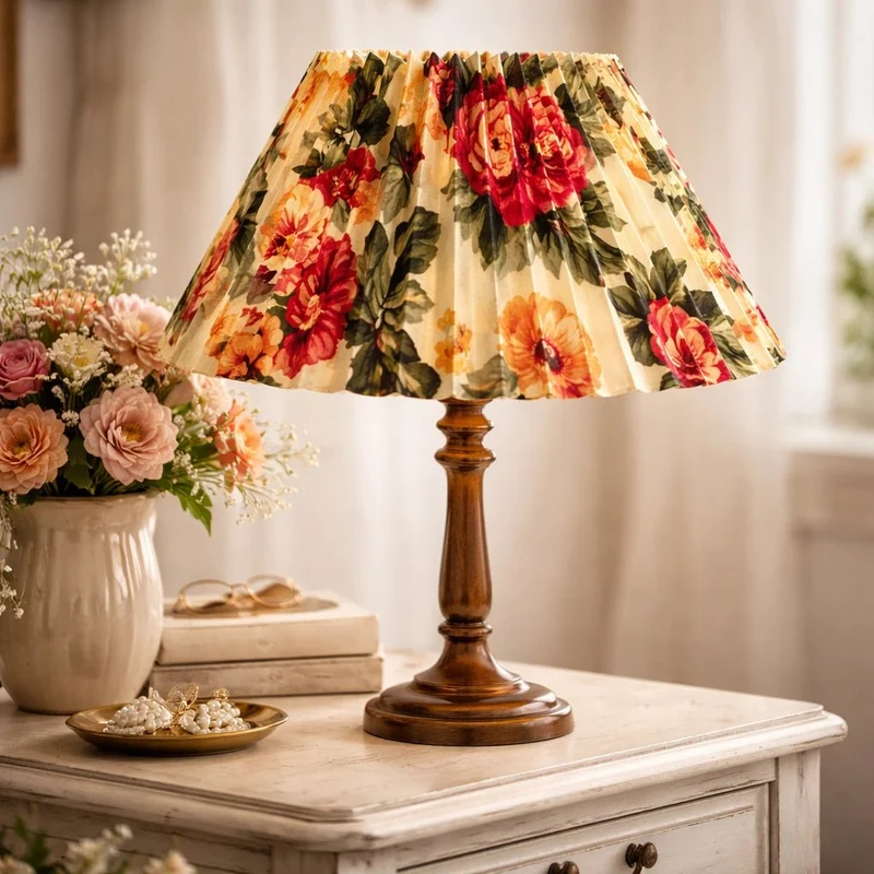 Lampenschirm Blumenmuster in Creme-Weiß – E27 Stoff, konisch, 25 cm