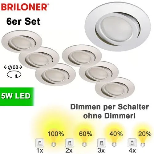 6er Set LED Einbaustrahler dimmbar per Schalter schwenkbar – Aluminium, 68 mm