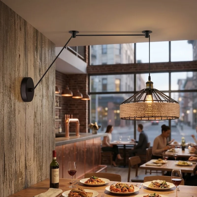 Dezentrale Pendelleuchte Wandanschluss | Hanfseil & Metallkäfig Lampe Ø 30/40cm~3811