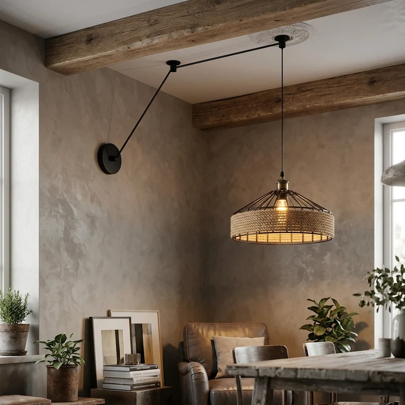 Dezentrale Pendelleuchte Wandanschluss | Hanfseil & Metallkäfig Lampe Ø 30/40cm~3811