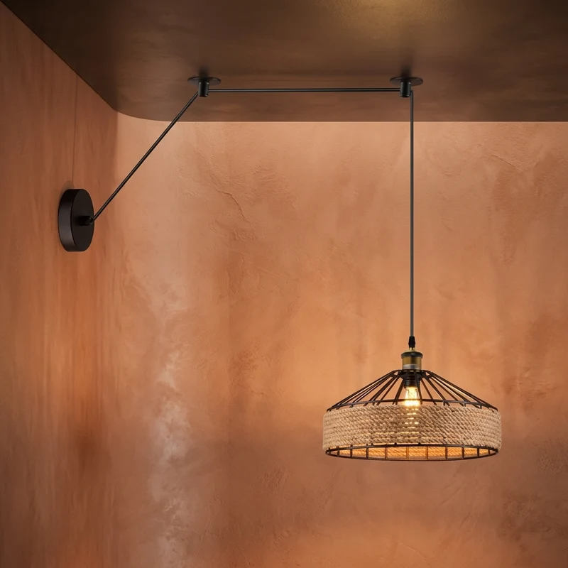 Dezentrale Pendelleuchte Wandanschluss | Hanfseil & Metallkäfig Lampe Ø 30/40cm~3811