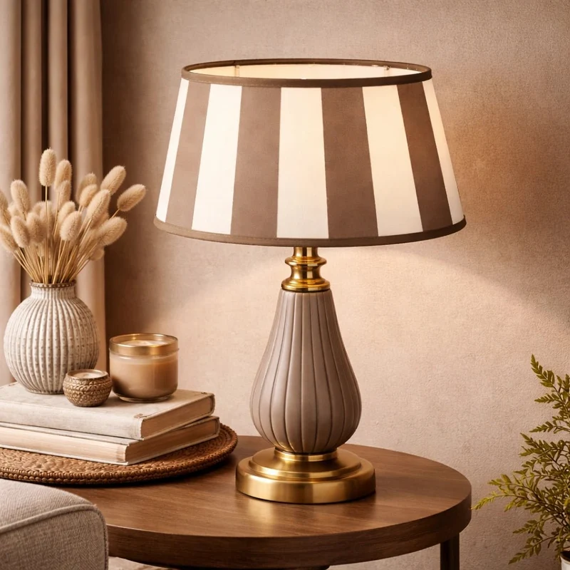 Lampenschirm King Taupe gestreift – E27 Stoff oval 20 cm | Light & Living