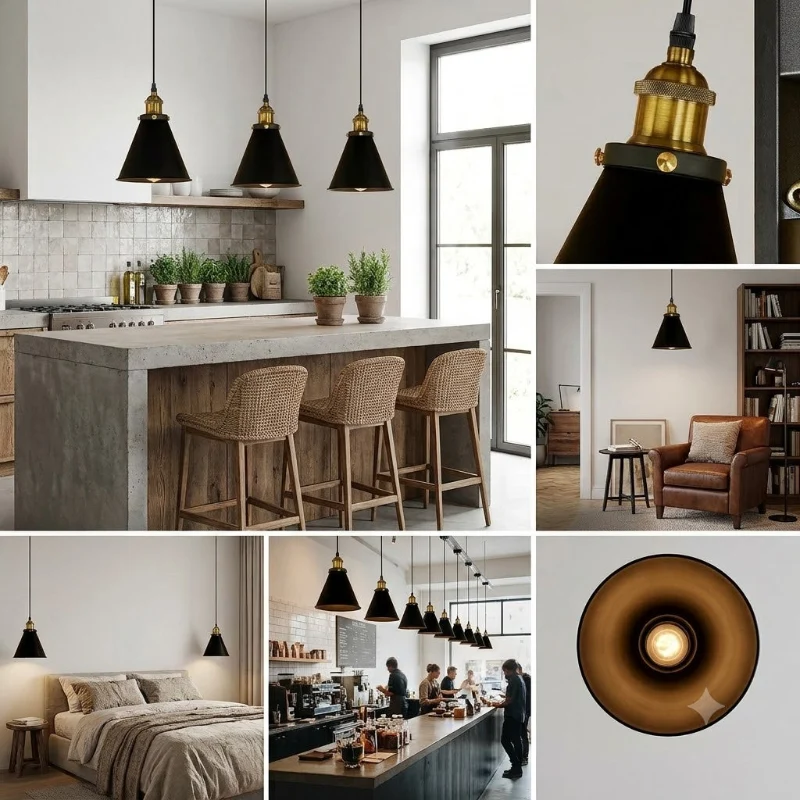 Industrial Pendelleuchte Schwarz Gold Vintage Hängelampe ~3887