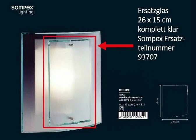 Lampenglas transparent rechteckig für Wandleuchte mit 2 Bohrlöchern 26 x 15 cm