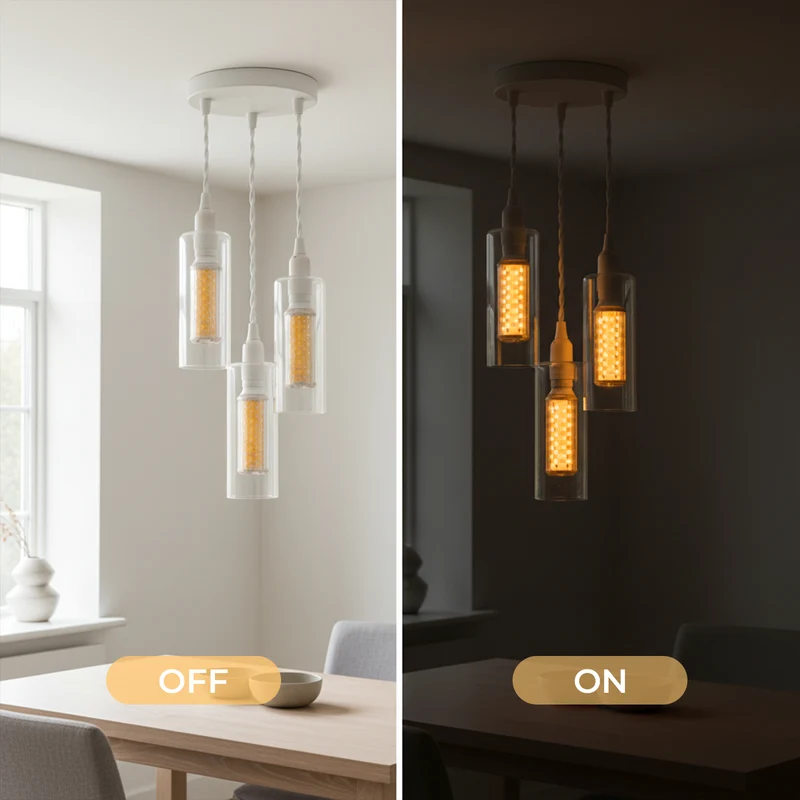 3-flammiges Pendelleuchten-Set aus klarem Glas, E14-LED, 1 m weißes Kabel~3772