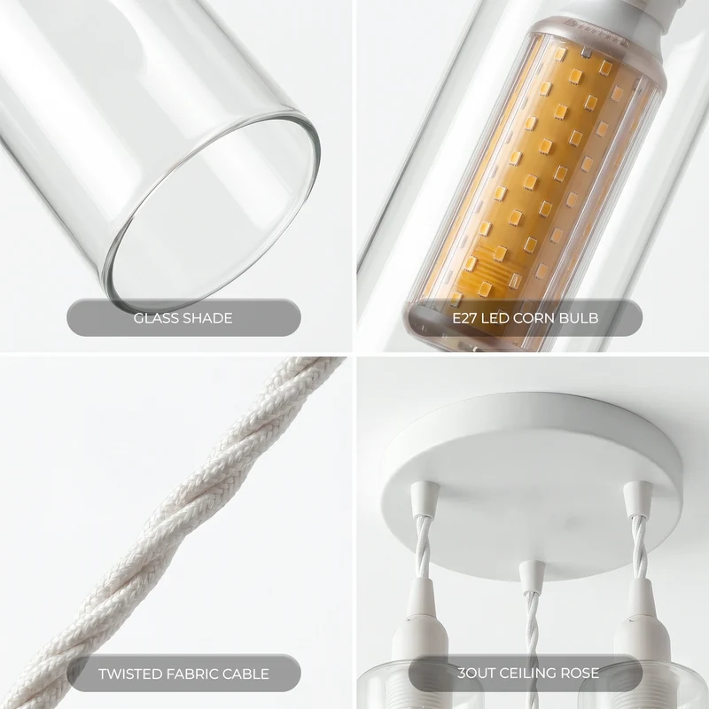 3-flammiges Pendelleuchten-Set aus klarem Glas, E14-LED, 1 m weißes Kabel~3772