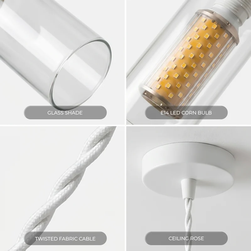 Pendelleuchten-Set aus Klarglas, E14-LED, 1 m weißes Kabel~3773