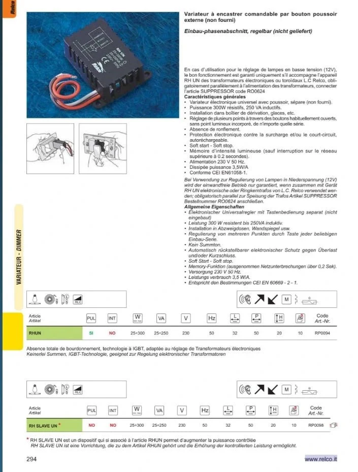 Relco RHUN Dimmer RP0094 – Einbau Dimm-Modul 25–300W 230V