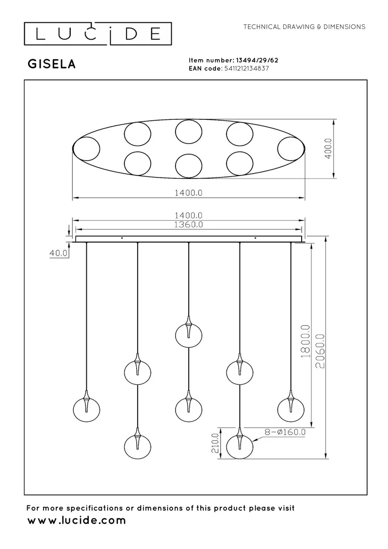 LED-Pendelleuchte Gisela 8-flammig dimmbar Glas Amber 140cm