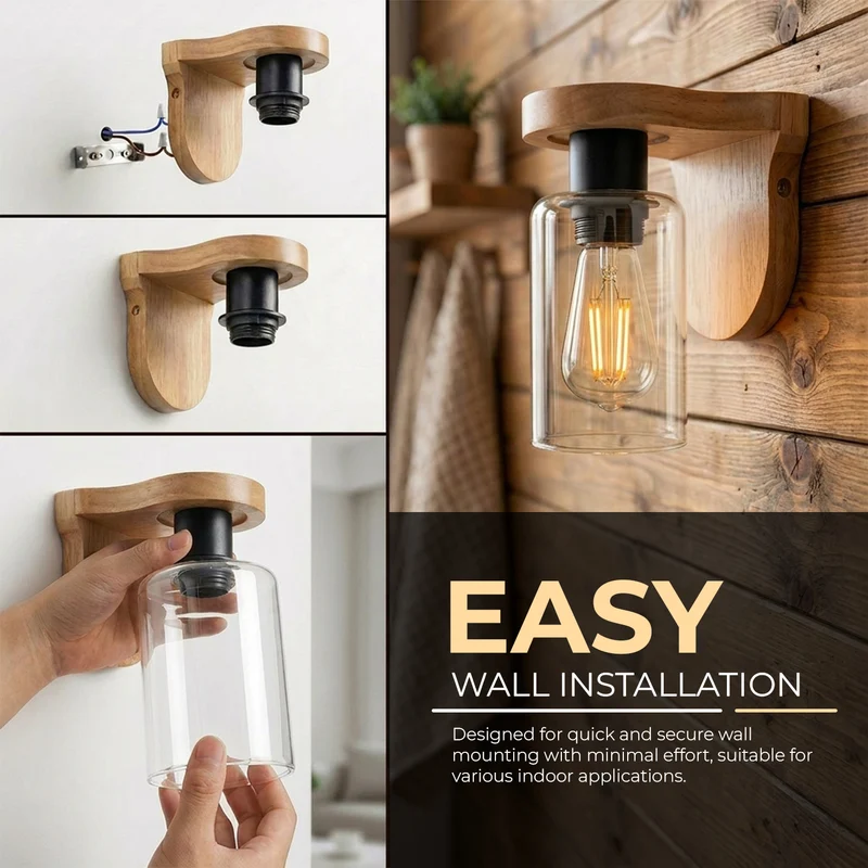 Skandi Holz Wandleuchte mit Klarglas – E27 Vintage Wandlampe für Landhaus ~3697