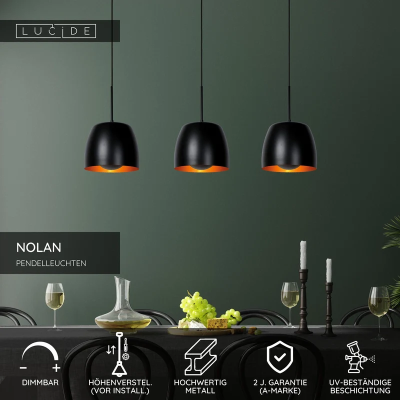 Pendelleuchte Nolan 3-flammig Schwarz, Messing E27